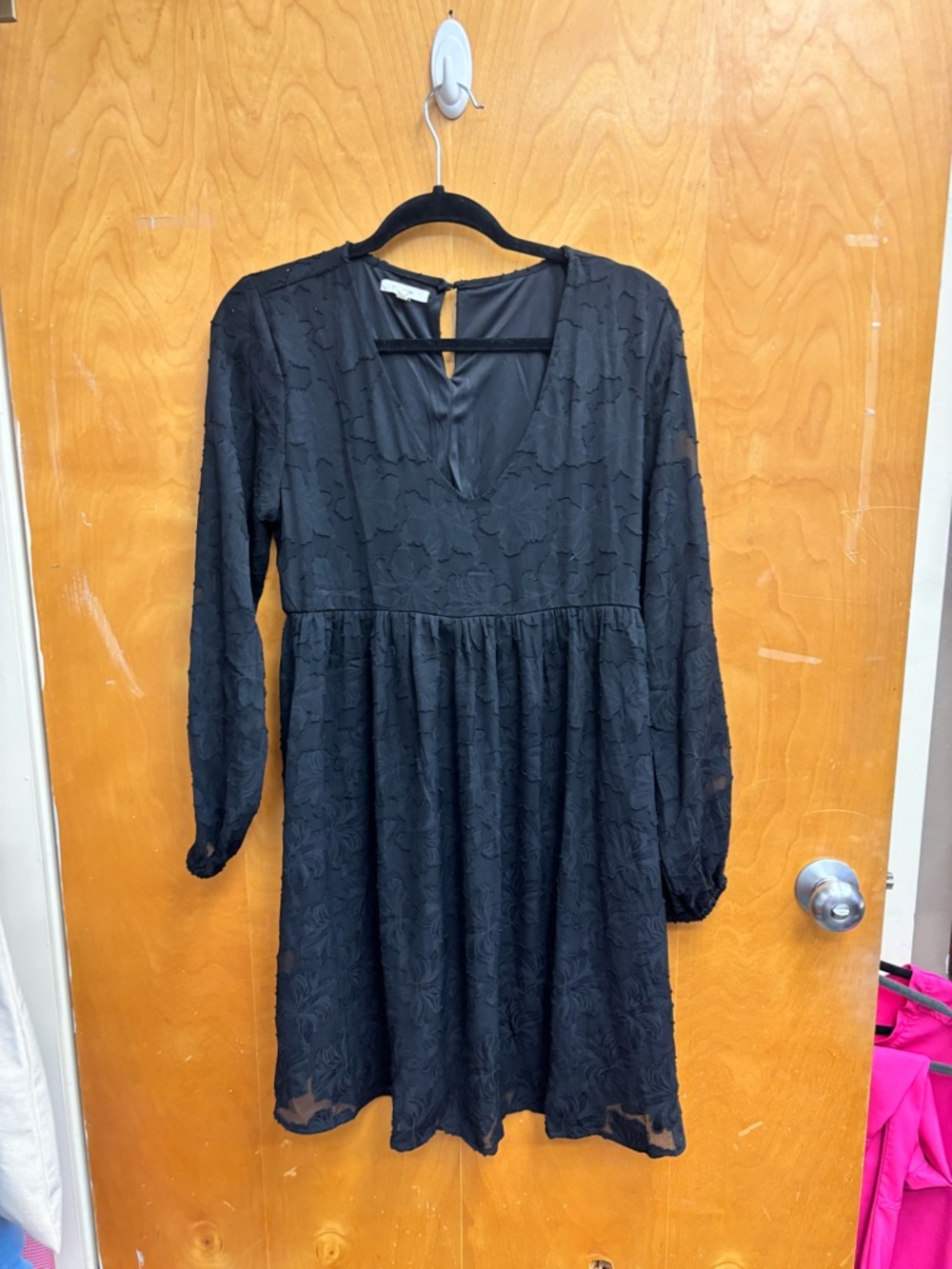 Maurices Black Long Sleeve Textured V-Neck Dress with Keyhole Back